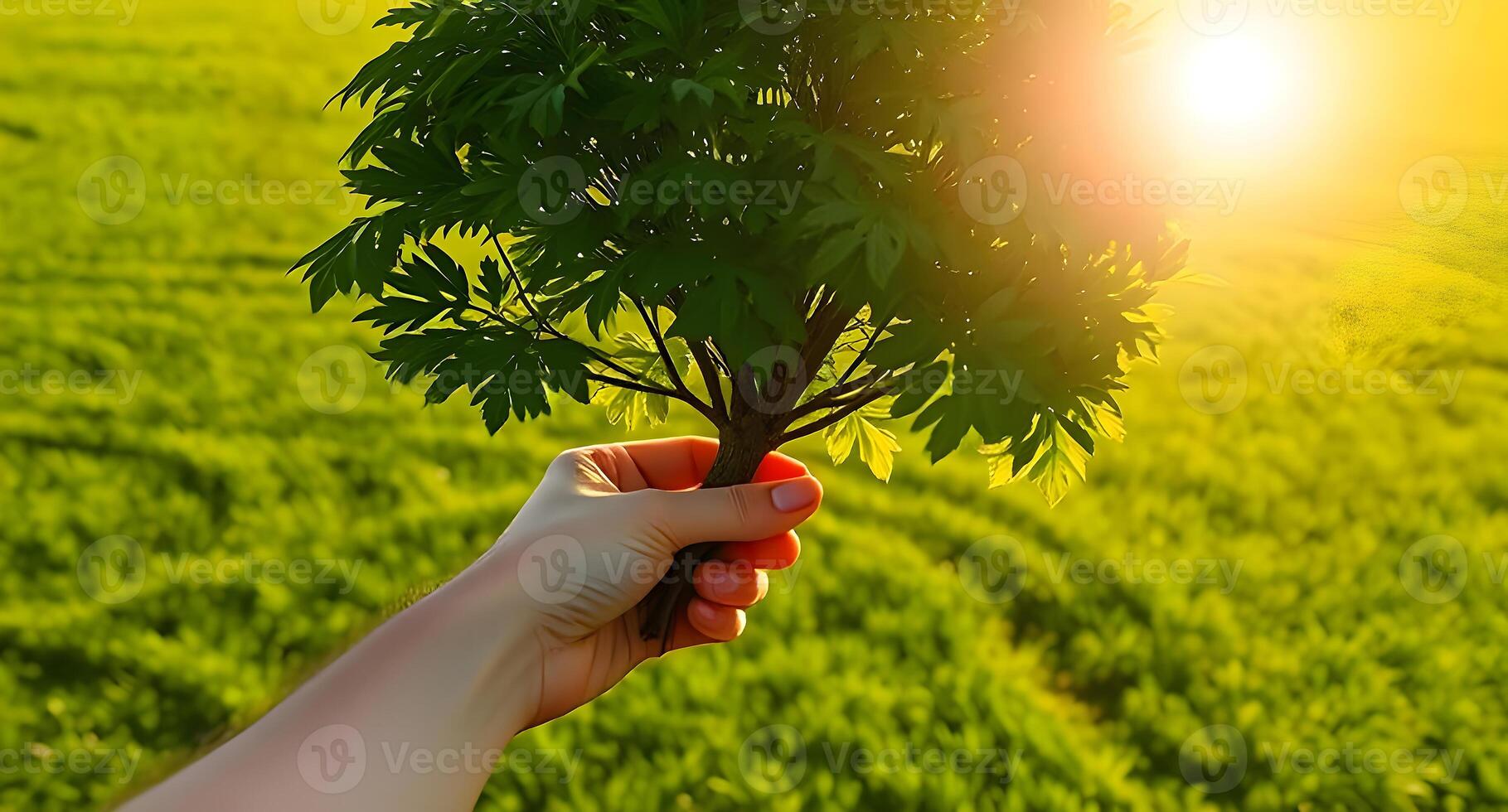 A hand holding a tree in front of a green field photo