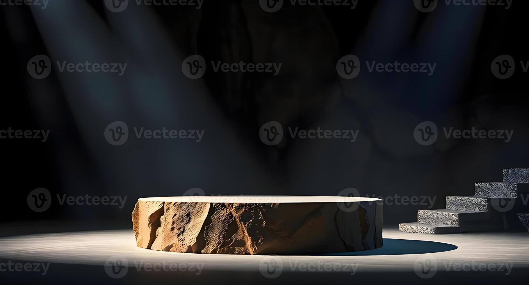 Stage with a wooden table and stairs in the dark photo