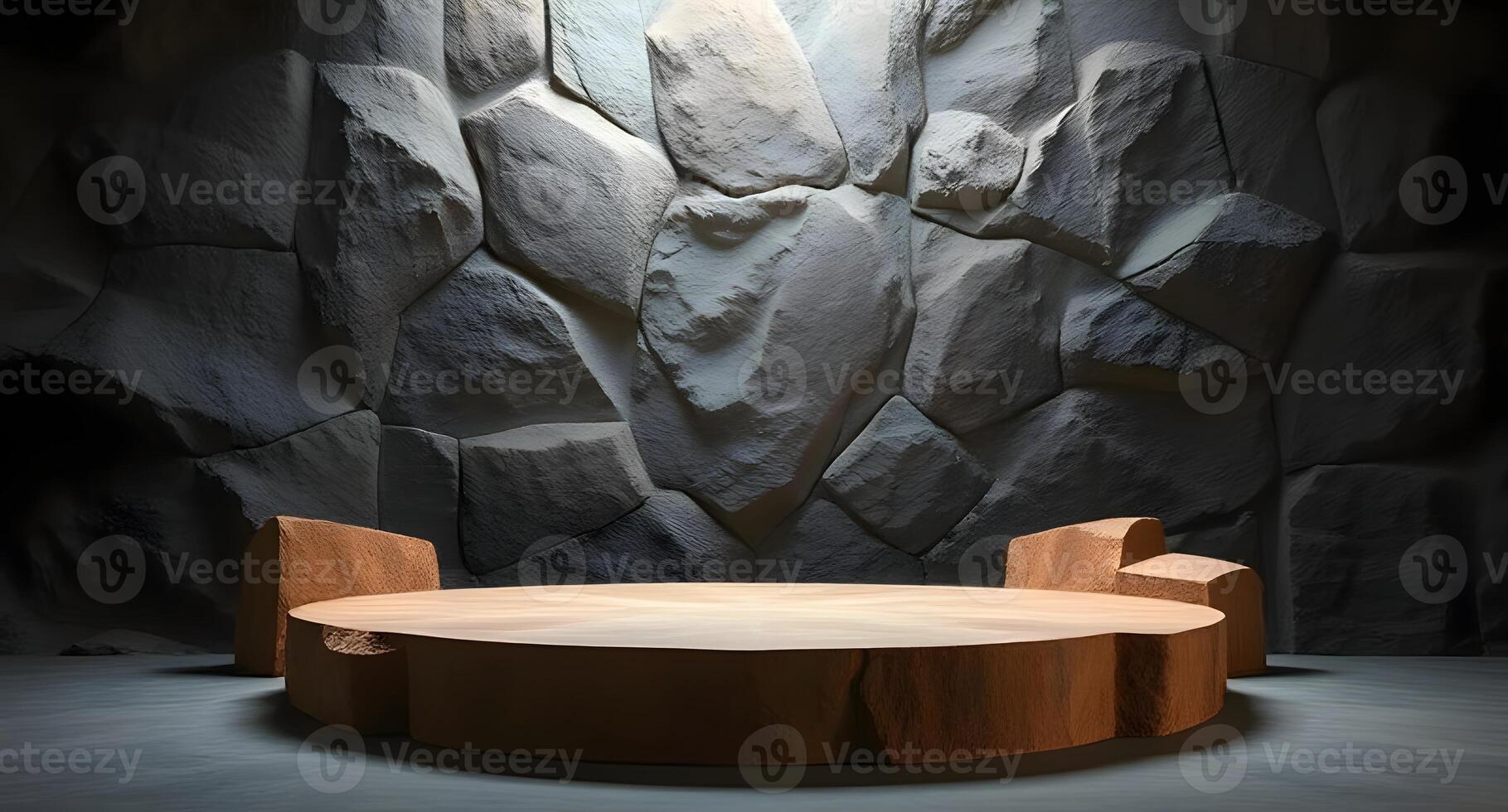 A round table in front of a stone wall photo