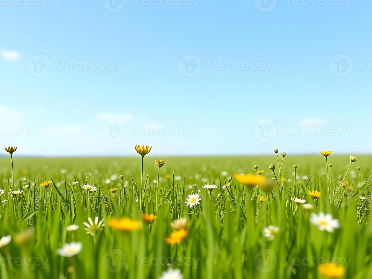 A field of grass with flowers and a blue sky photo