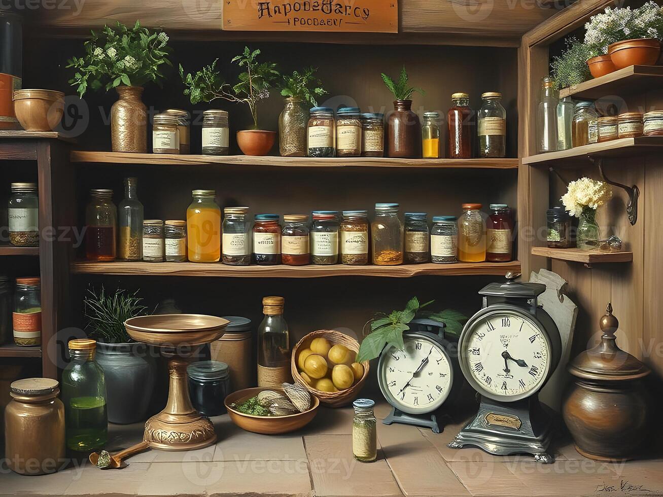 A painting of a kitchen with jars and other items photo
