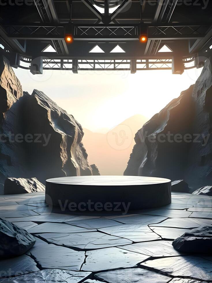 An empty stage with rocks and a spotlight photo