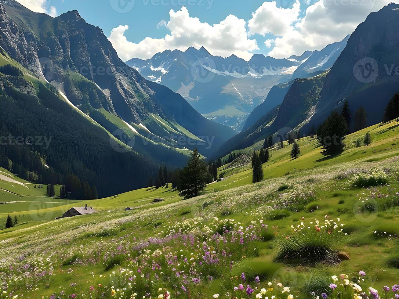 A beautiful mountain landscape with flowers and grass photo