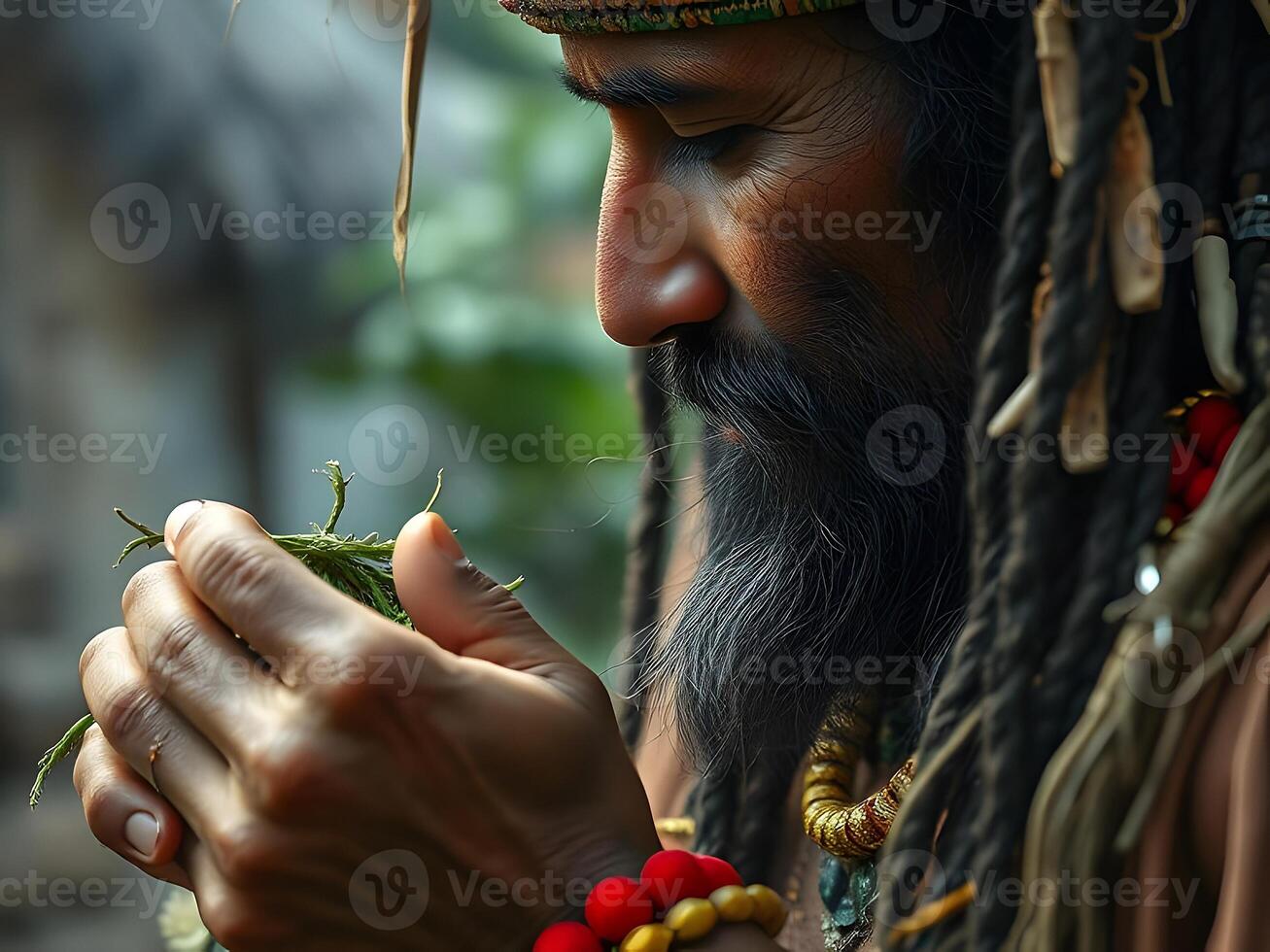 A man with a long beard and dreads is looking at something photo