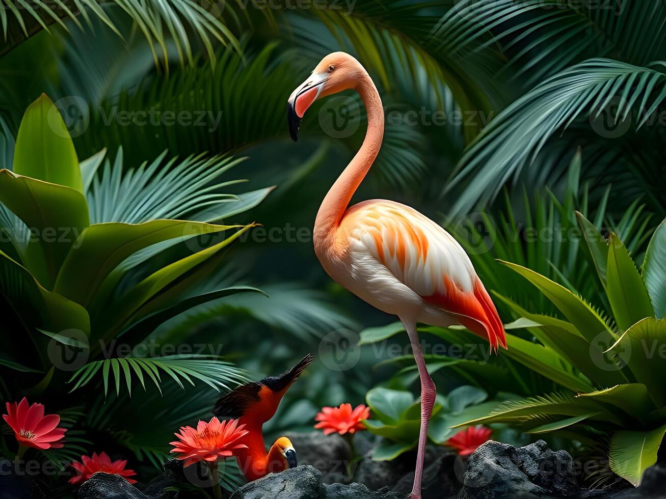A flamingo stands in front of some plants photo