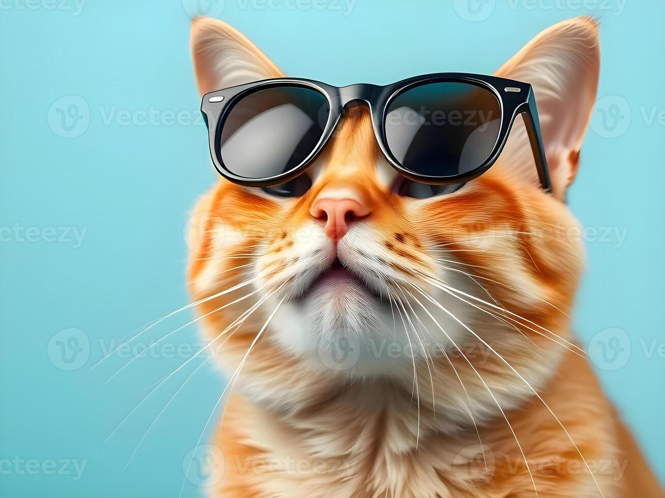 An orange cat wearing sunglasses on a blue background photo