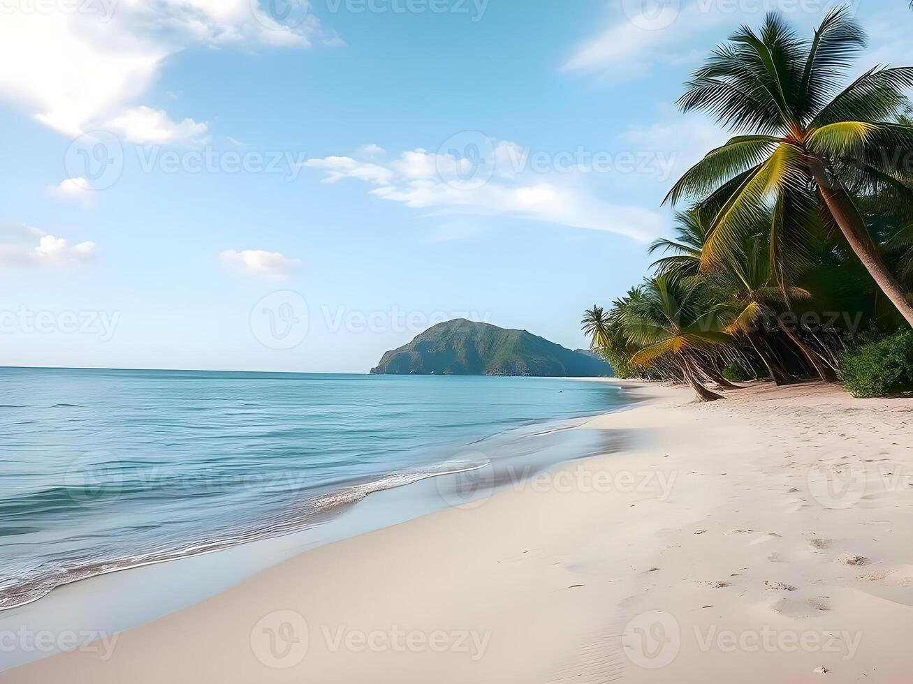 A sandy beach with palm trees and water photo