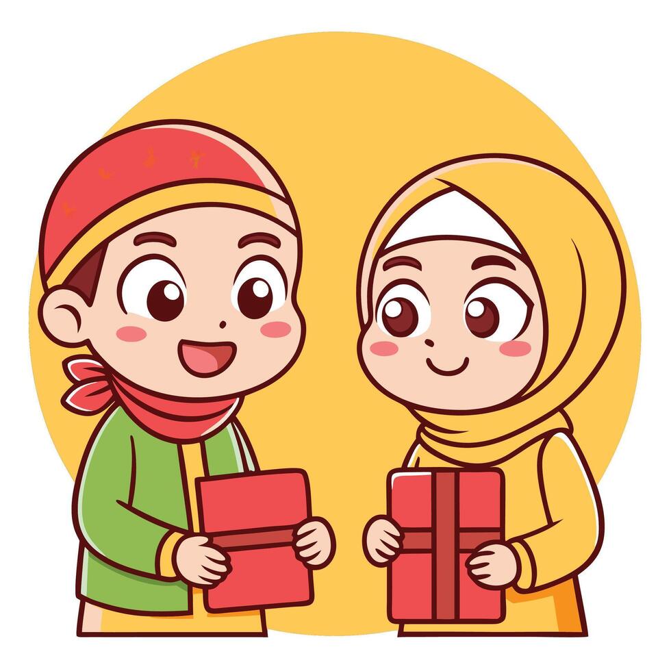Two happy Muslim children exchanging gifts. vector