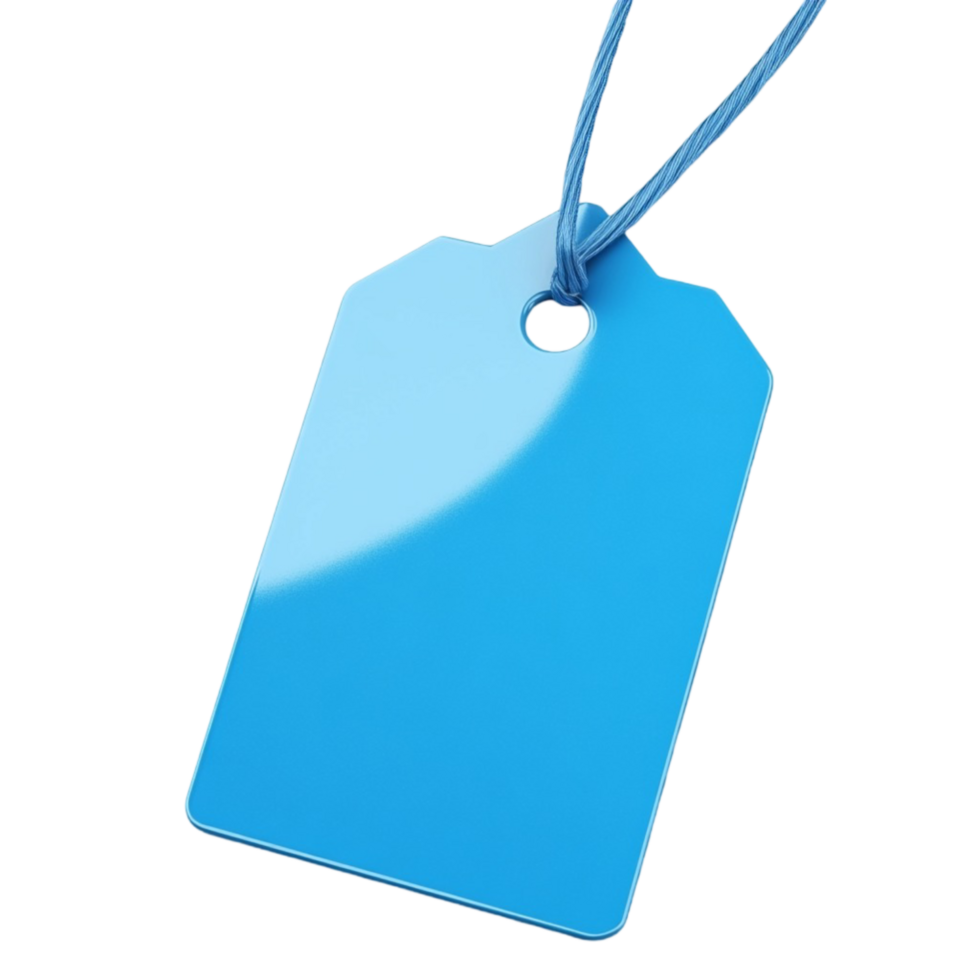 A blue tag hanging from a string png