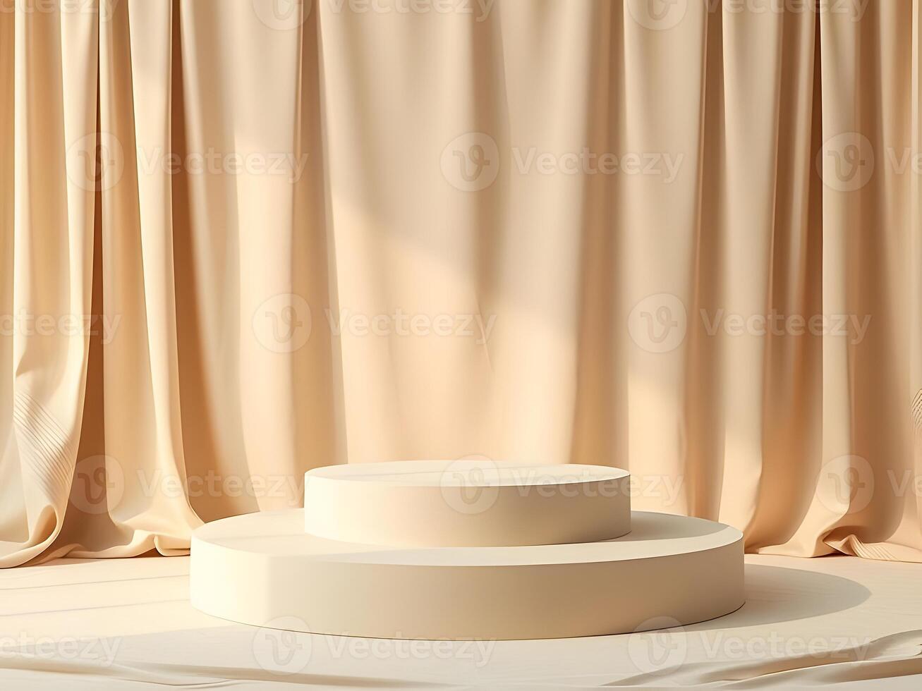 Elegant Beige Podium with Curtains, Display Stage for Product Presentation, Minimalist Background, Mockup. photo