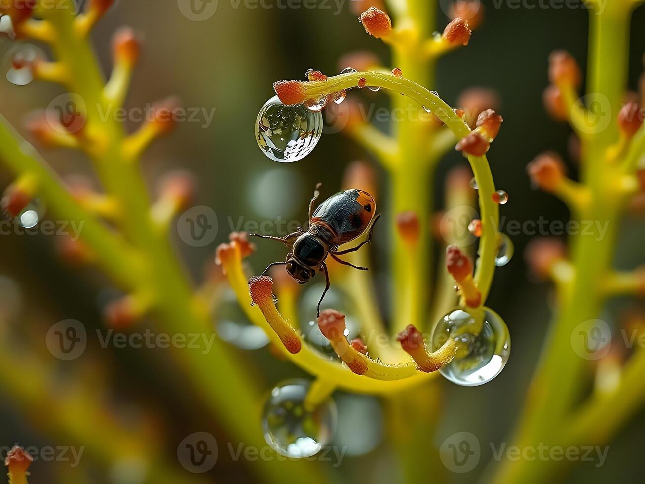 A bug is sitting on a plant with water droplets photo