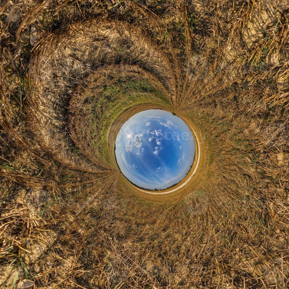 A view of a circular field with grass and sky photo