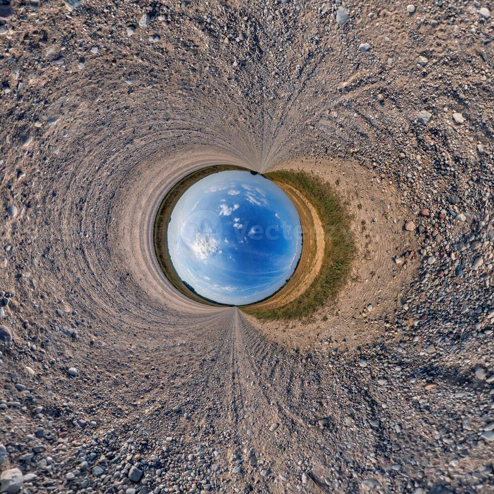 A circular view of a blue sky and dirt photo