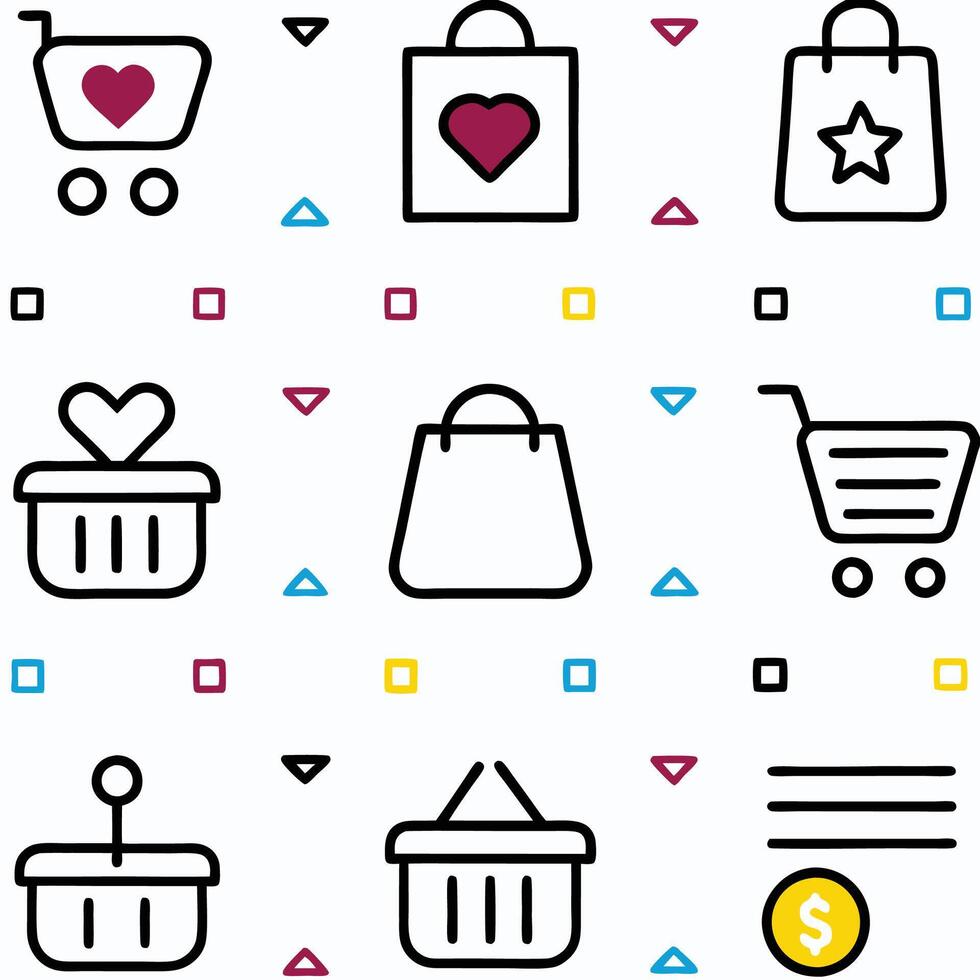 Shopping cart, bags, baskets, and coin icons with hearts and stars on white background. vector