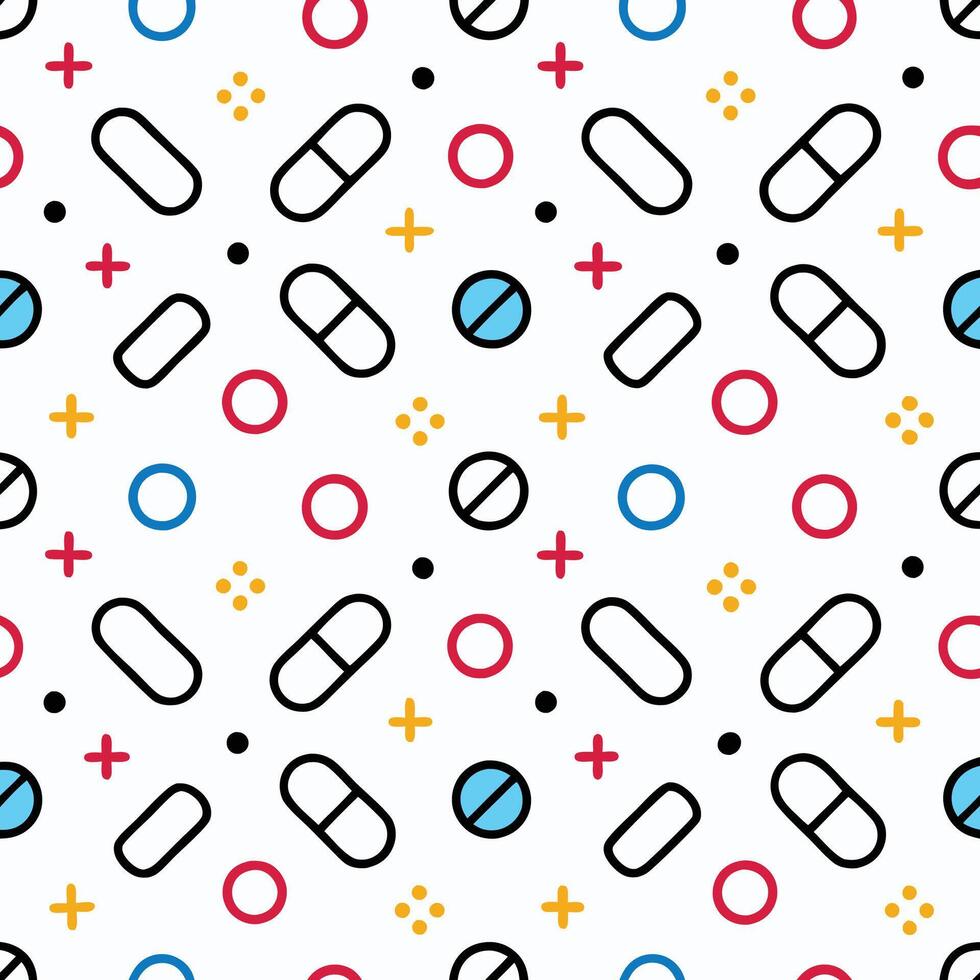 Colorful medicine pattern with pills, plus signs, and circles vector