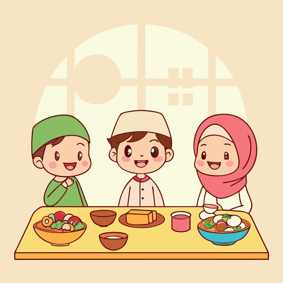 Happy Muslim children enjoying a meal together at a table with various dishes. vector