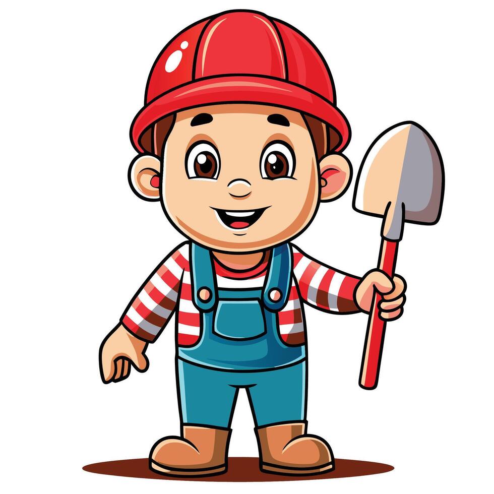 Smiling child construction worker holding a shovel vector