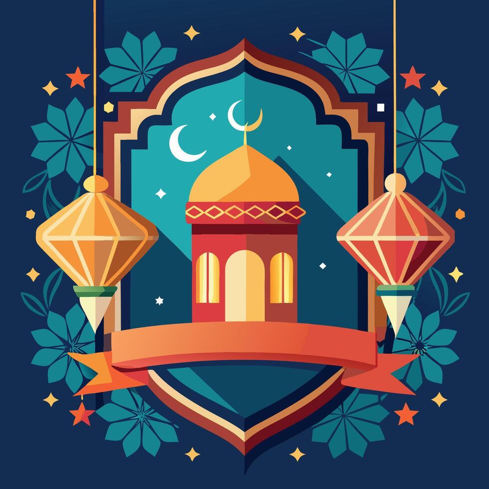 Festive Islamic design featuring a mosque, crescent moons, stars, and lanterns. vector