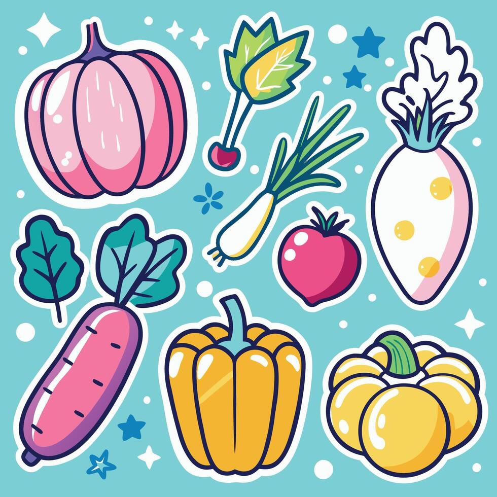 Cute cartoon vegetables and pumpkins on blue background. vector