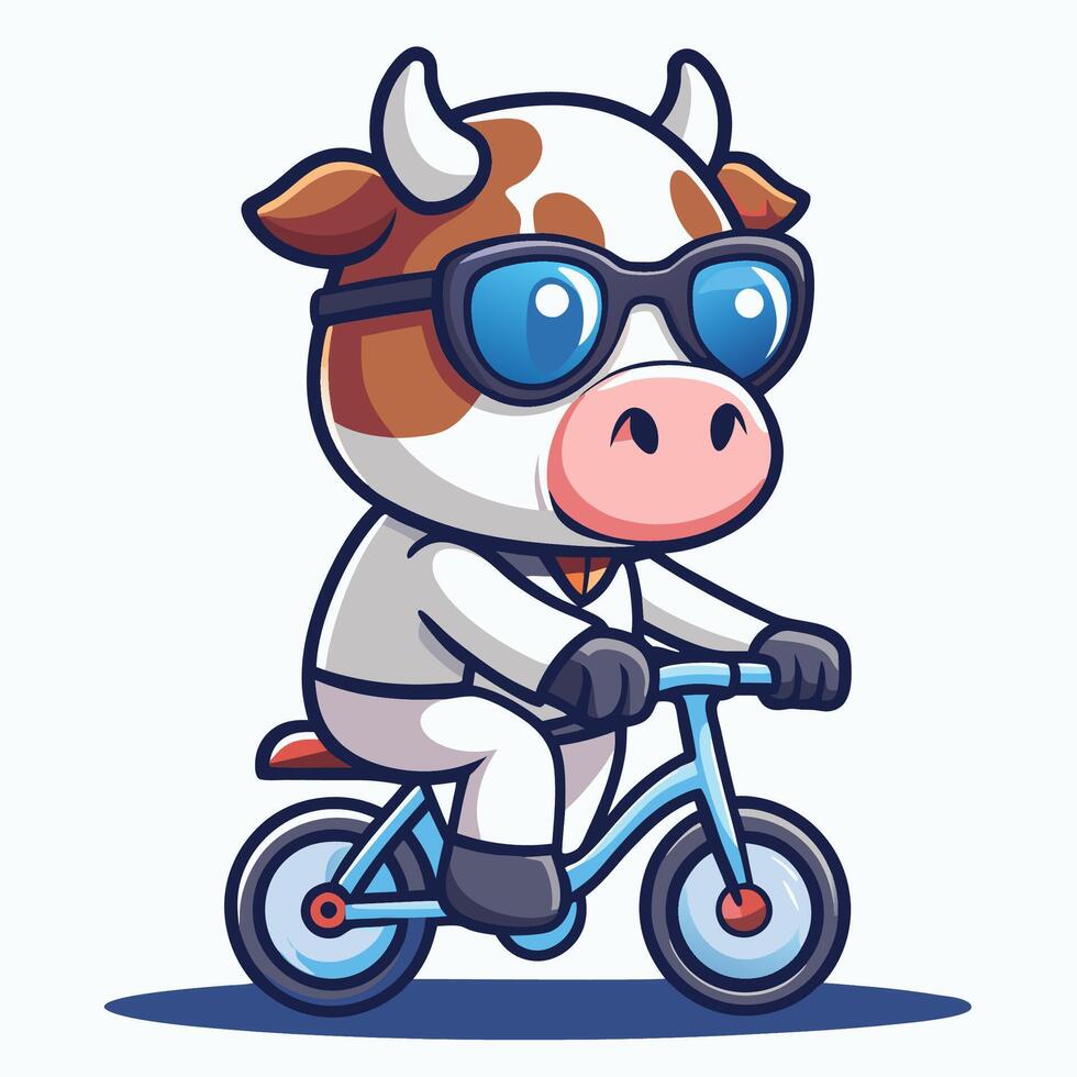 Cool cow character riding a bicycle wearing sunglasses. vector
