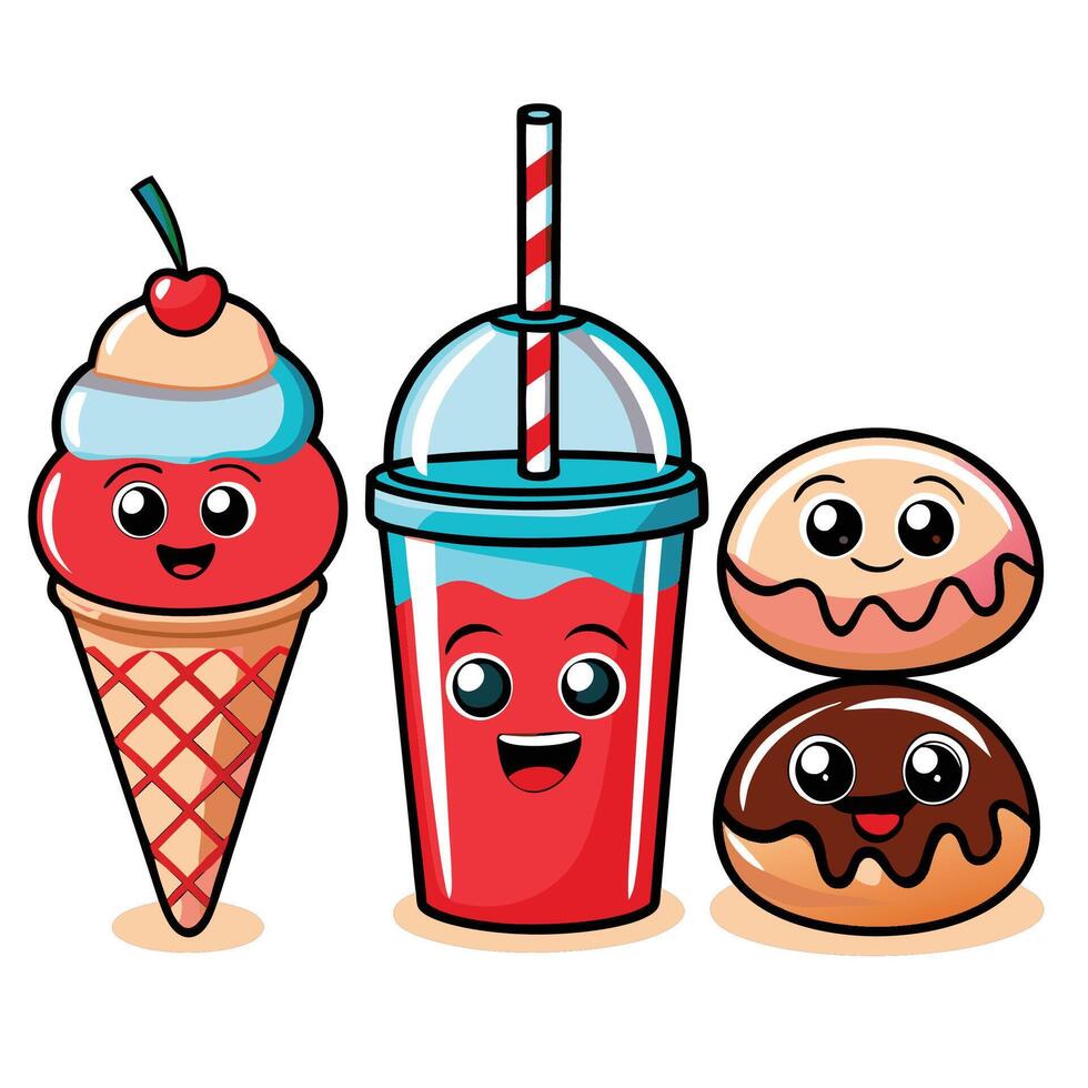 Cute Cartoon Ice Cream, Drink, and Donuts vector