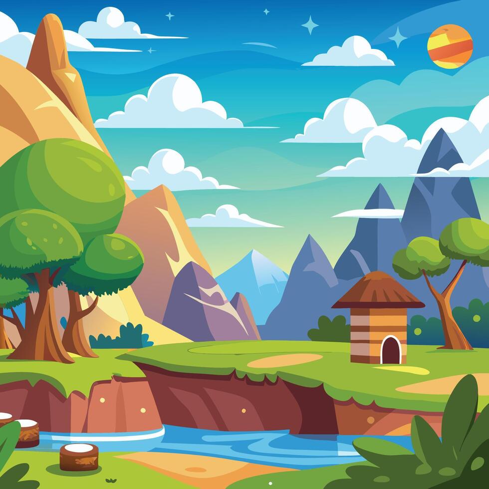 Idyllic cartoon landscape with river, hut, mountains, and trees under a sunny sky. vector