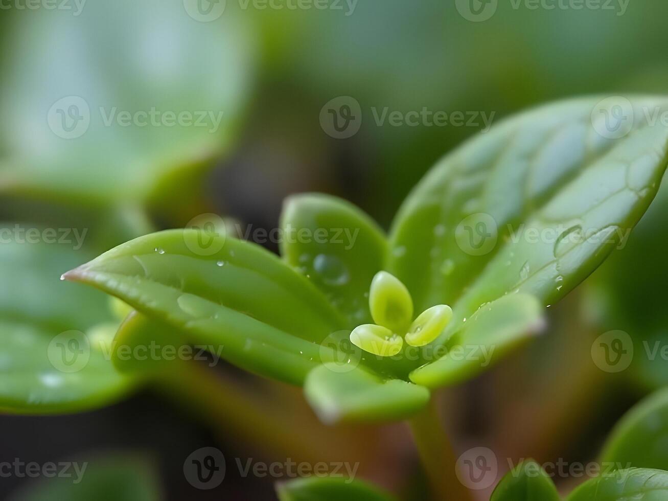 A close up of a green plant with water droplets photo
