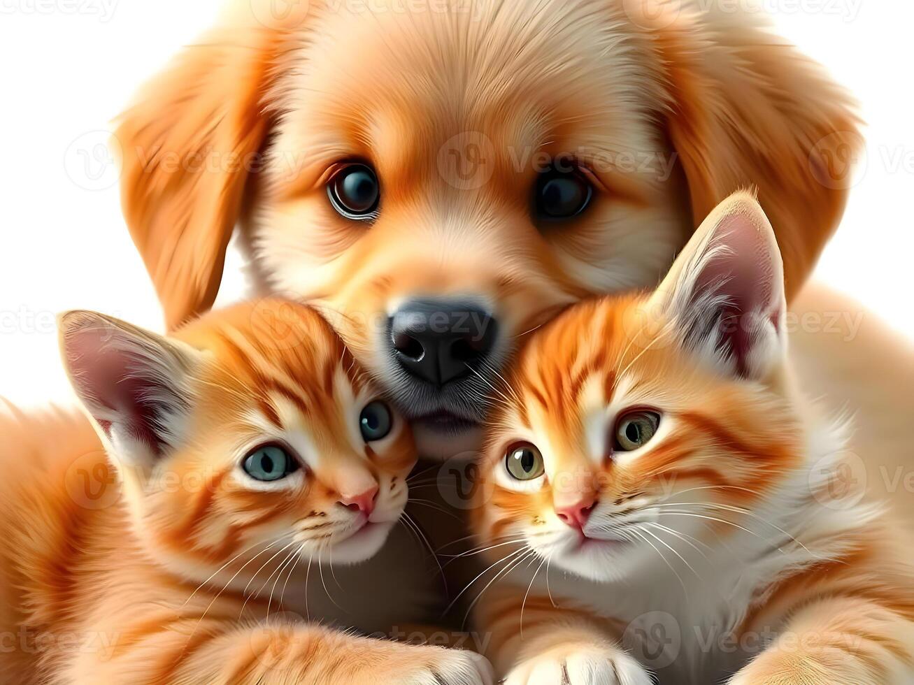 A dog and two kittens are cuddled together photo