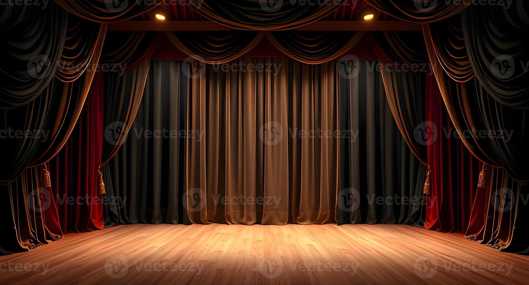 Theater stage with black curtains and red drapes photo