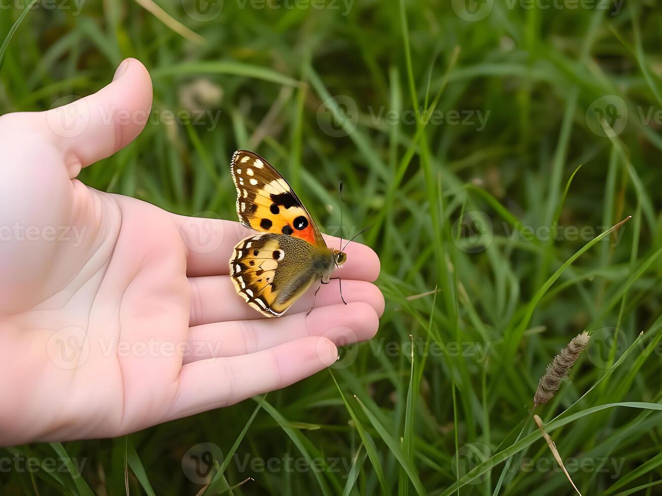 A person holding a butterfly on their hand photo