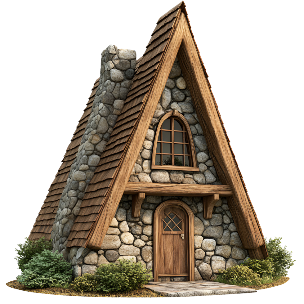 Beautifully Designed 3D Cottage House With A Classic Stone Chimney And Elegant Wooden Features png