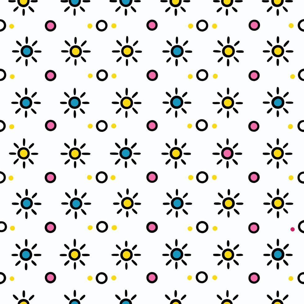 Seamless pattern with colorful suns and dots on white background. vector