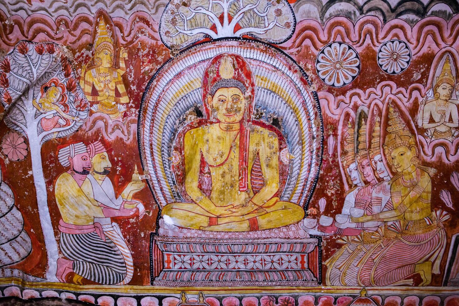 Dambulla, Sri Lanka 07 january 2025 Vibrant Buddhist murals inside the Dambulla Cave Temple, showcasing centuries-old religious artistry. photo