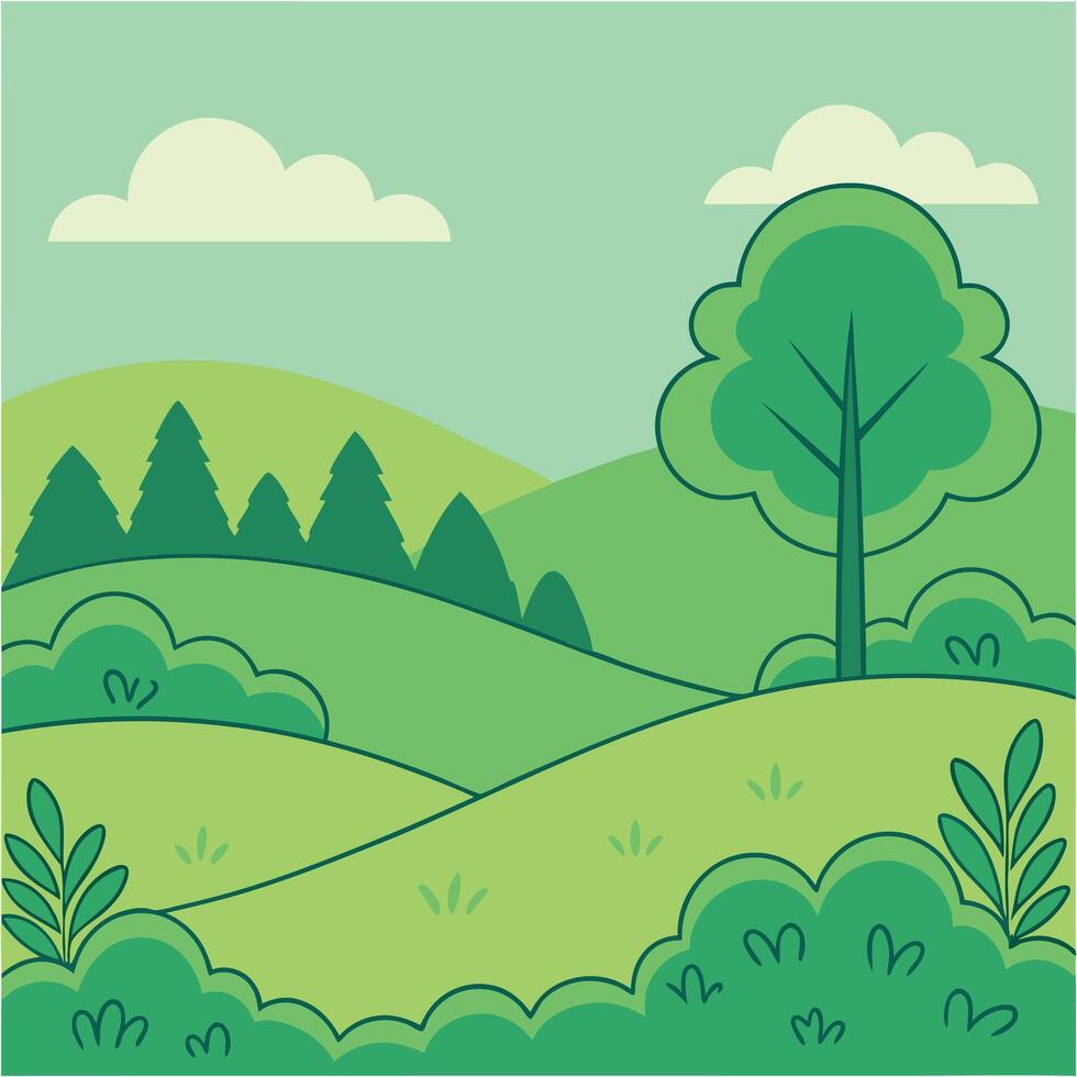 Illustrated landscape with green hills, trees, and bushes under a light blue sky with clouds. vector