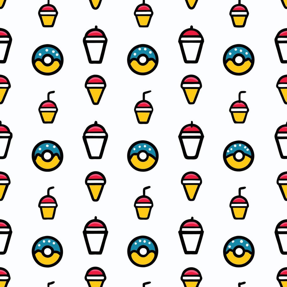 Seamless pattern of donuts, ice cream cups and slushies. vector