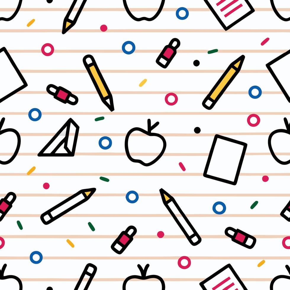 Seamless pattern of school supplies, apples, and confetti on lined paper. vector