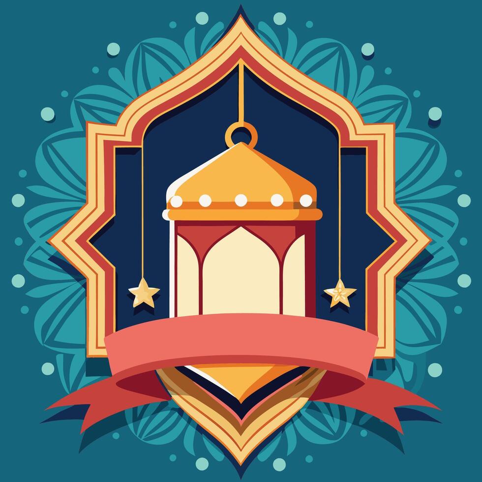 Festive Ramadan lantern with stars and banner in ornate frame. vector