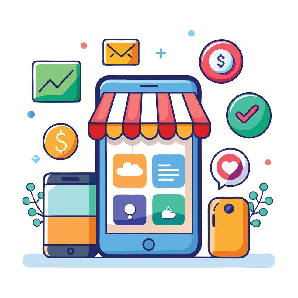 Mobile phone e-commerce app with icons showing online shopping, payment, and communication. vector