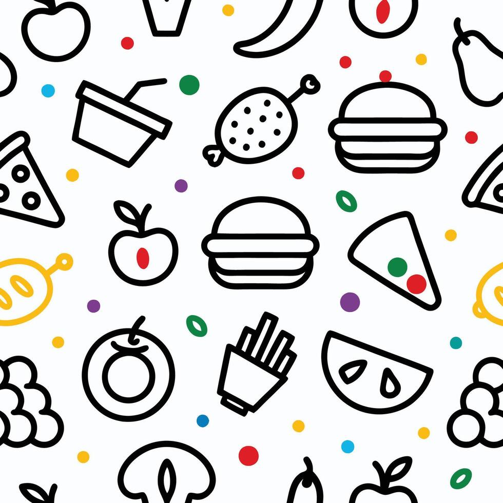 Seamless pattern of various food and fruits in doodle style. vector