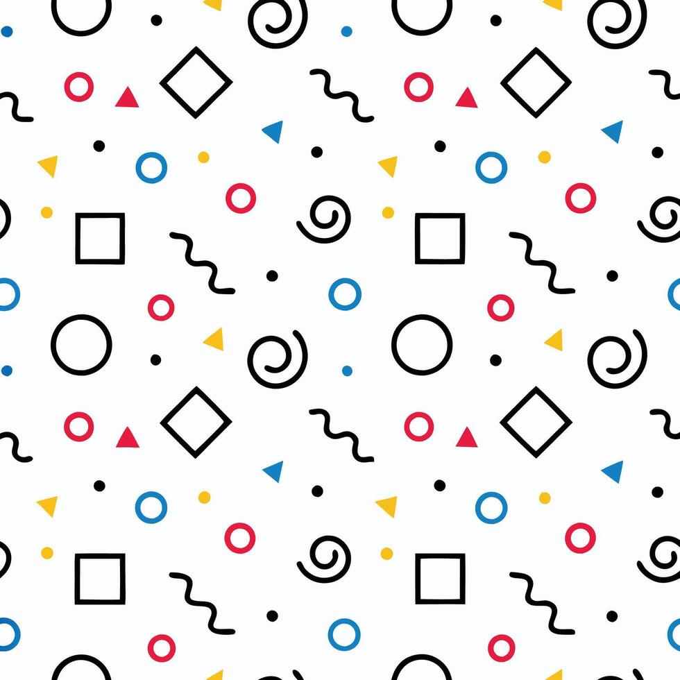 Seamless pattern with colorful geometric shapes and wavy lines on white background. vector