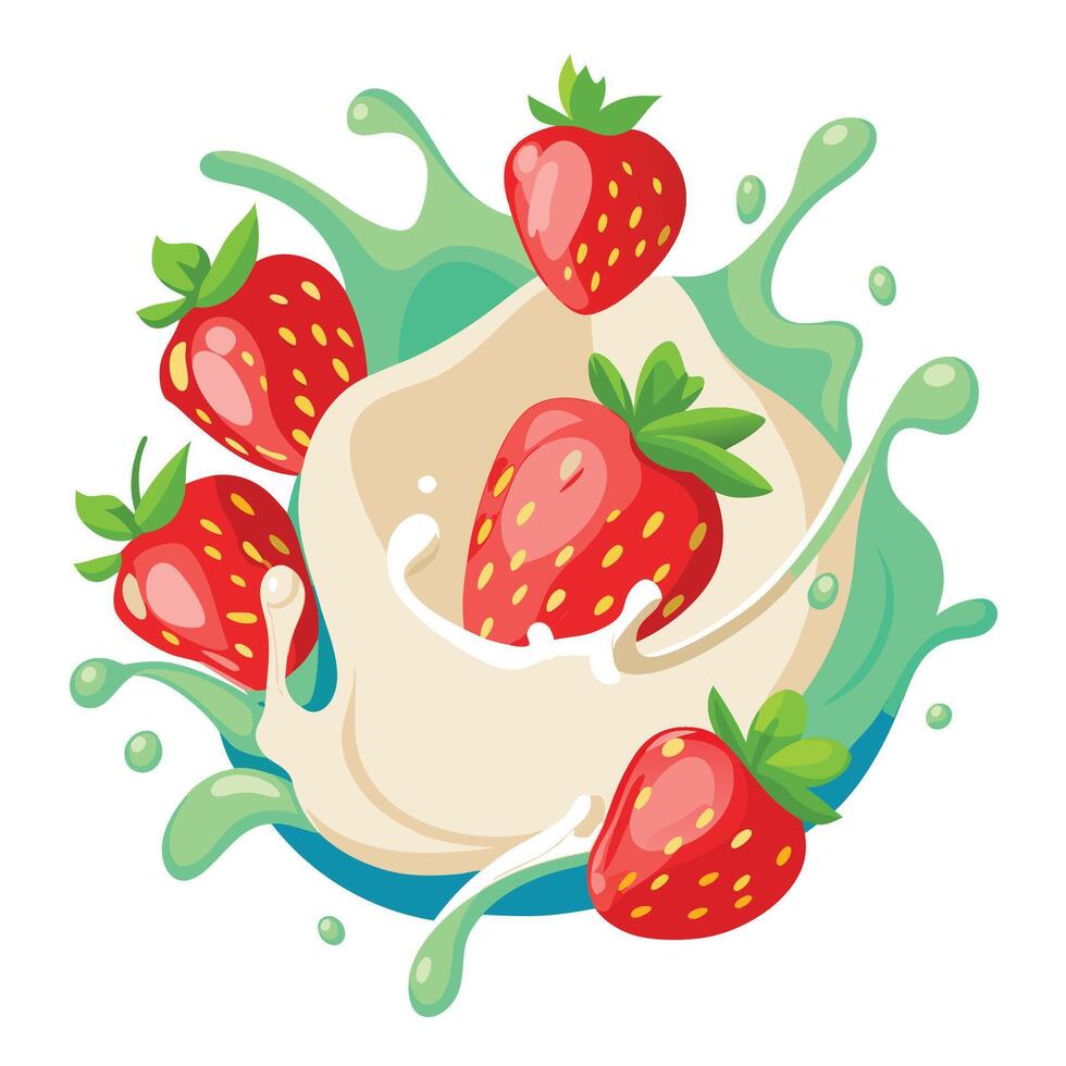 Fresh strawberries splashing in creamy milk swirl. vector