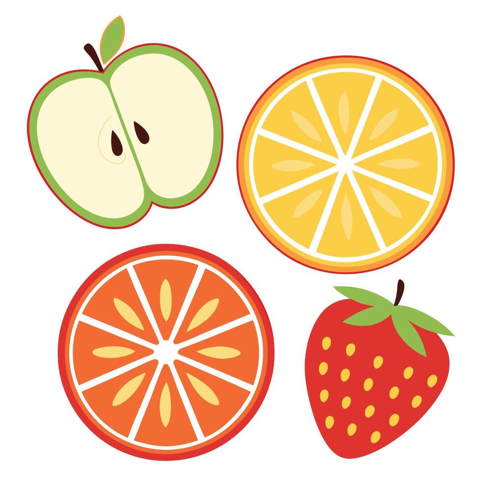 Illustration of apple, orange, and strawberry slices. vector