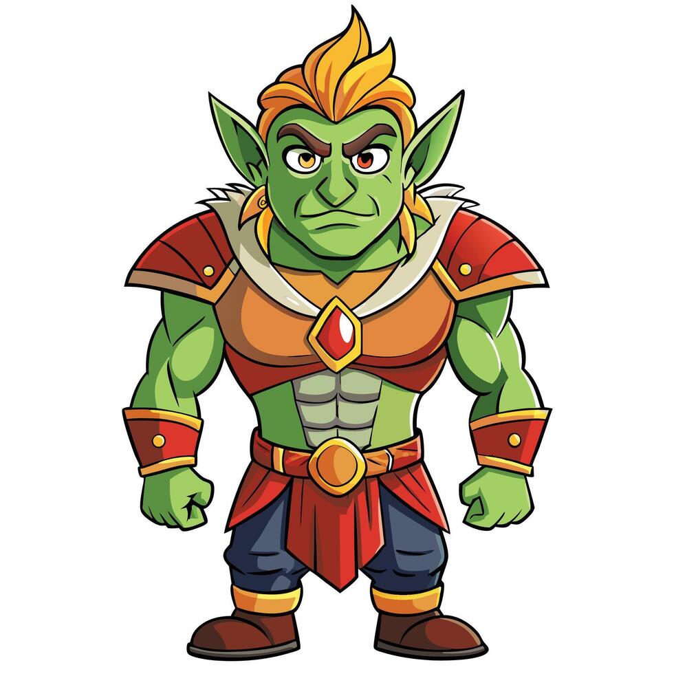 Muscular green goblin with orange hair, red and gold armor, and serious expression. vector