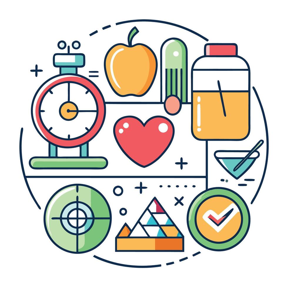 Healthy lifestyle concept illustration with apple, juice, timer, heart, pills, and chart. vector