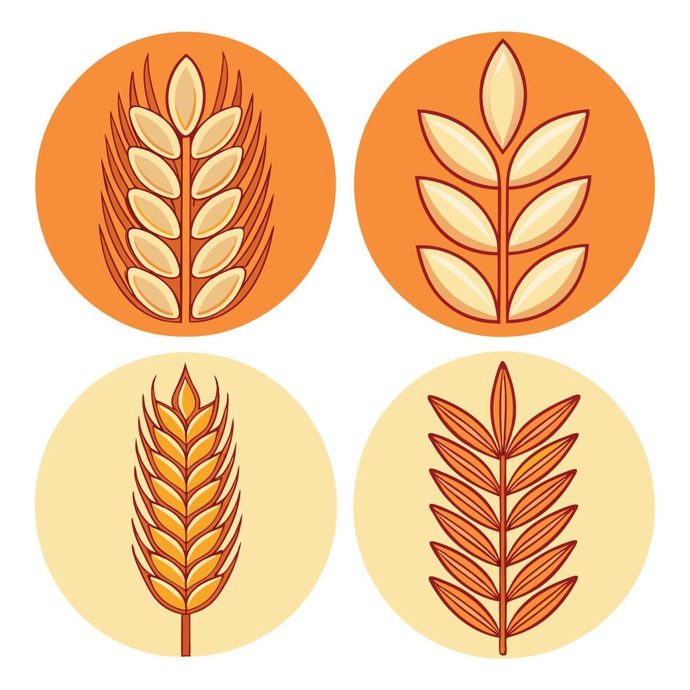 Four stylized wheat icons in orange and beige circles. vector