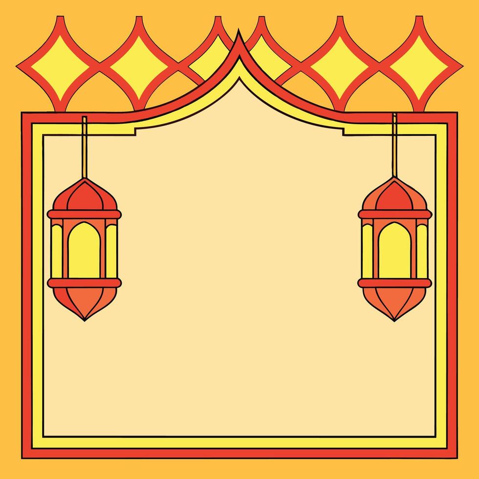 Ramadan Kareem greeting card with hanging lanterns and geometric pattern border. vector