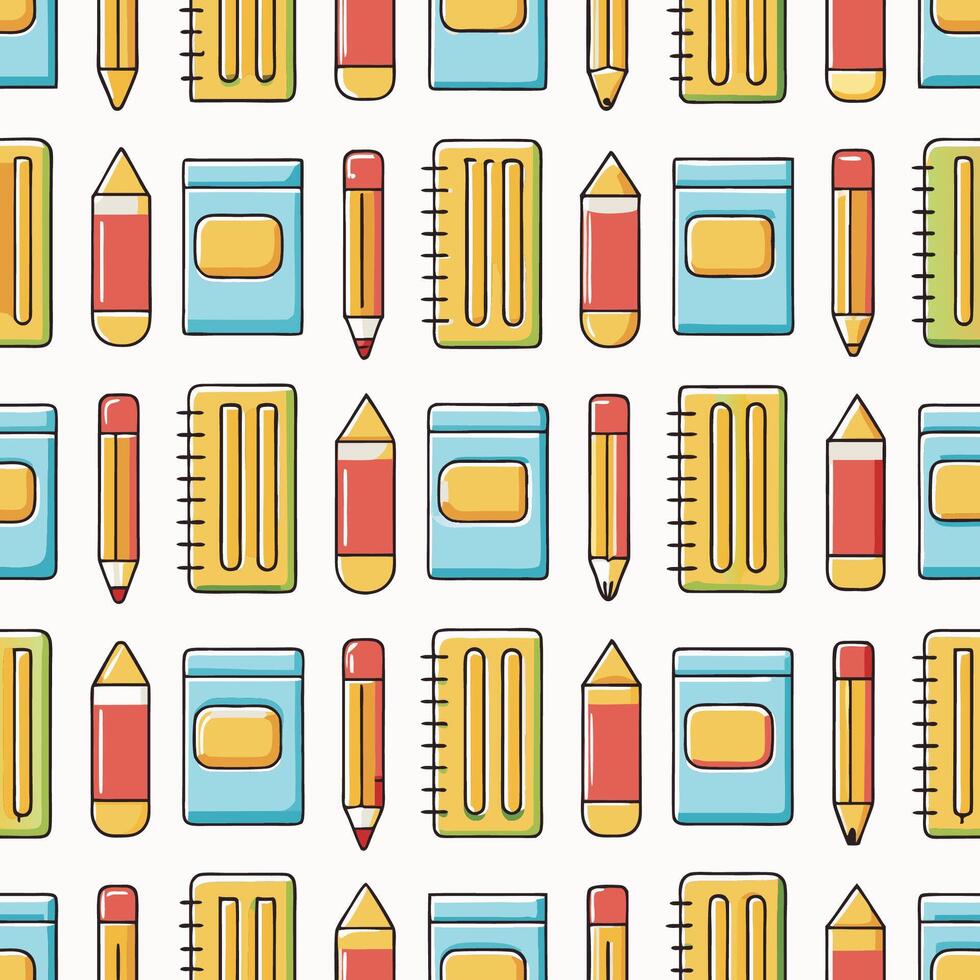 Seamless pattern of colorful stationery items including pencils, notebooks, and erasers. vector