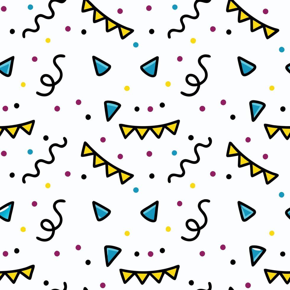 Seamless pattern with confetti, flags, and triangles on white background. vector