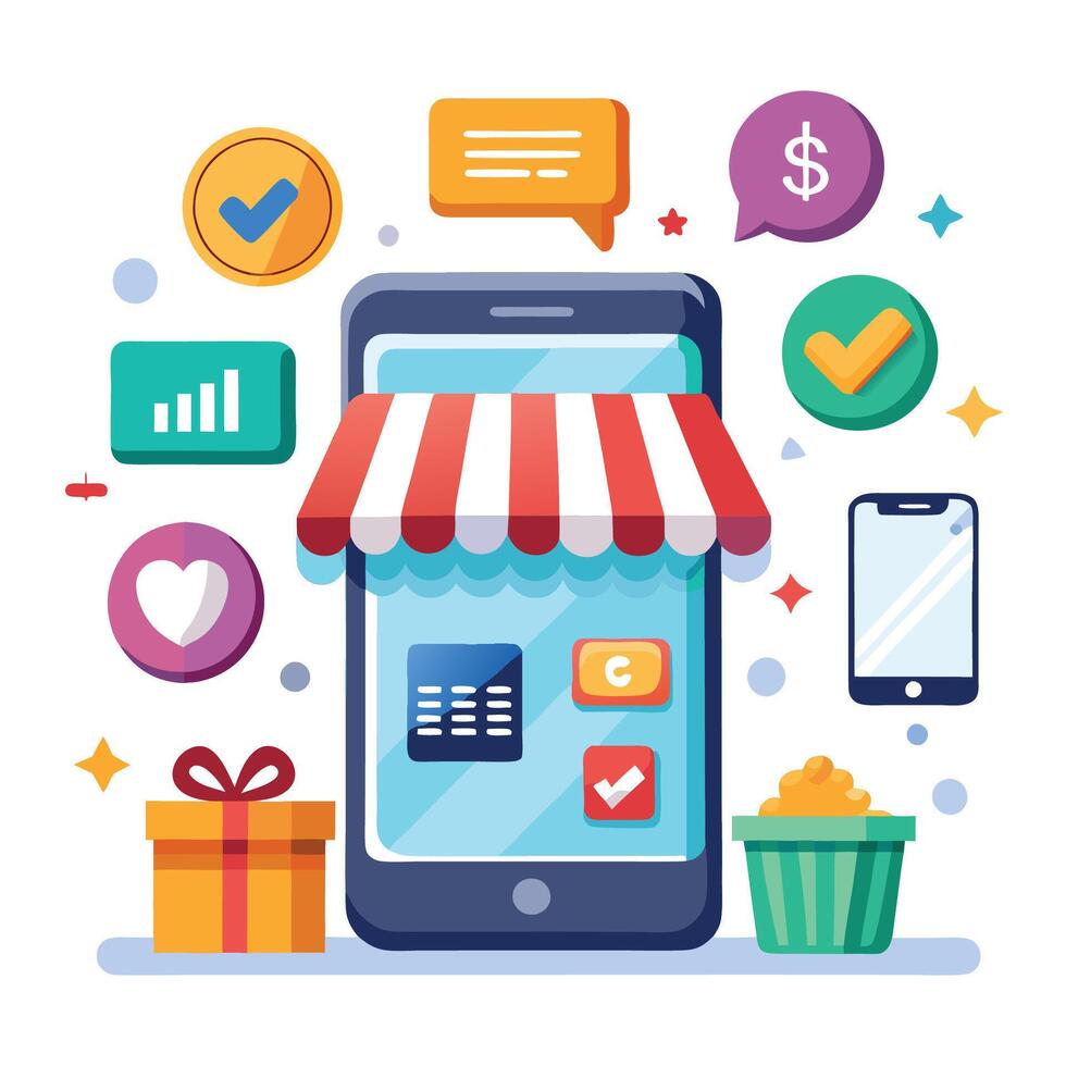 Mobile phone online shopping app interface with awning, gift, coins, and checkmarks. vector