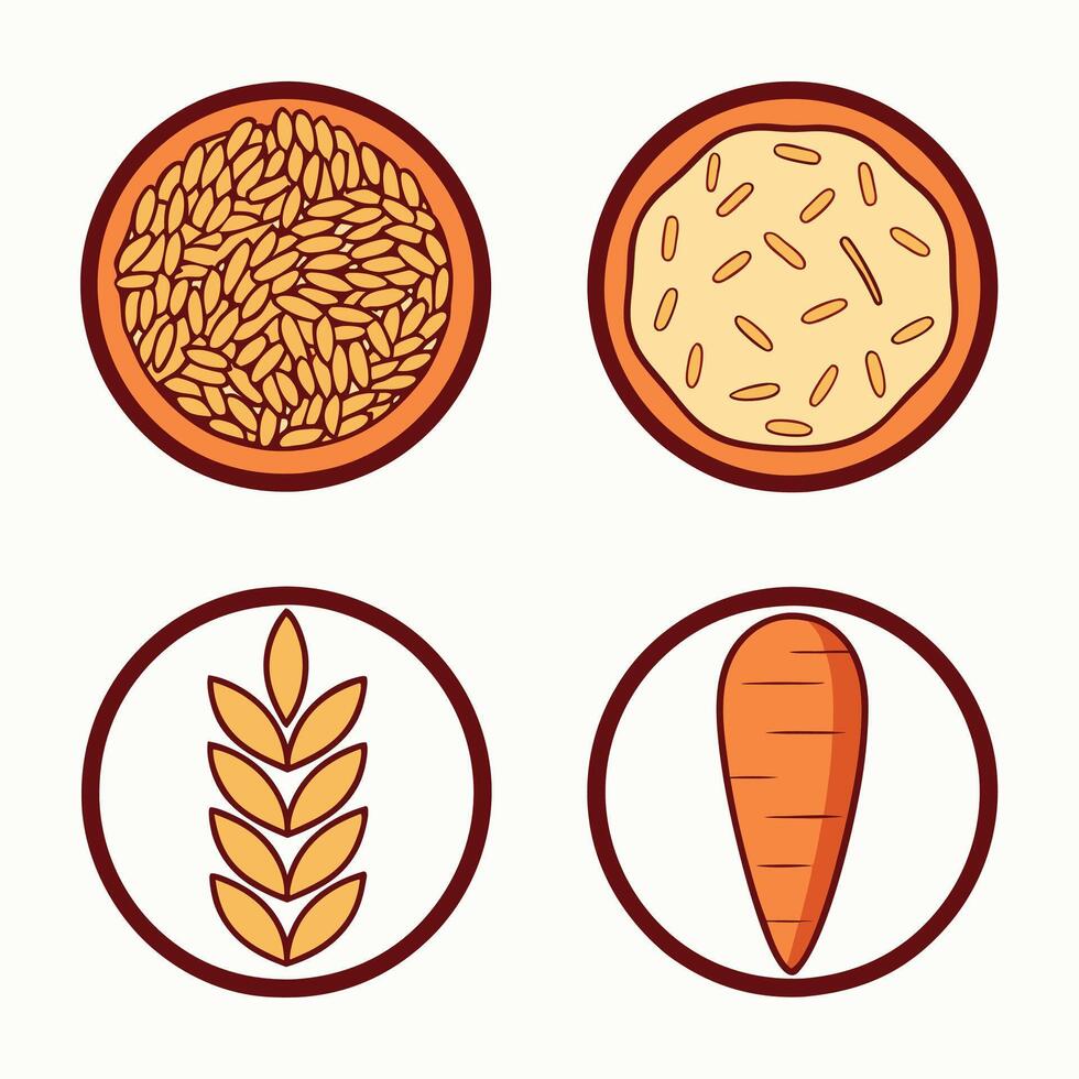 Illustration of rice grains, cooked rice, wheat, and carrot. vector